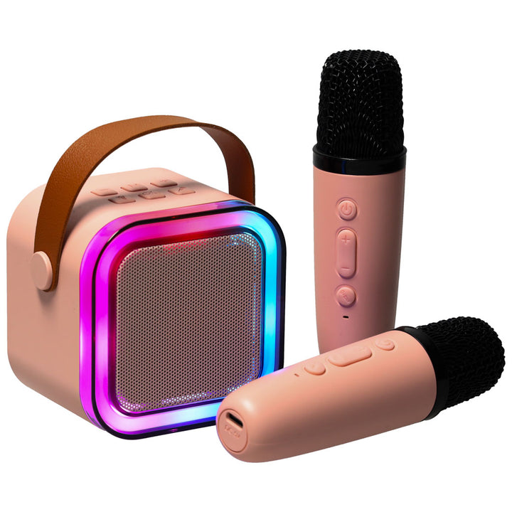 Karaoke-sæt 2 mikrofoner + bærbar højttaler BLUETOOTH USB LED pink