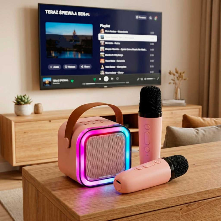 Karaoke-sæt 2 mikrofoner + bærbar højttaler BLUETOOTH USB LED pink