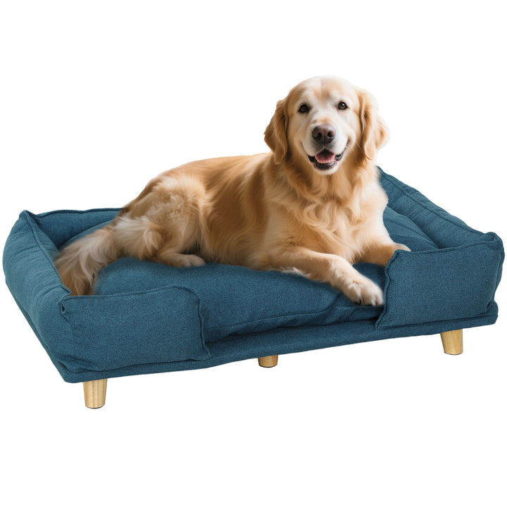 Hundesofa, hundekurv, kæledyrsseng, aftagelig og vaskbar polstring, natur + mørkeblå