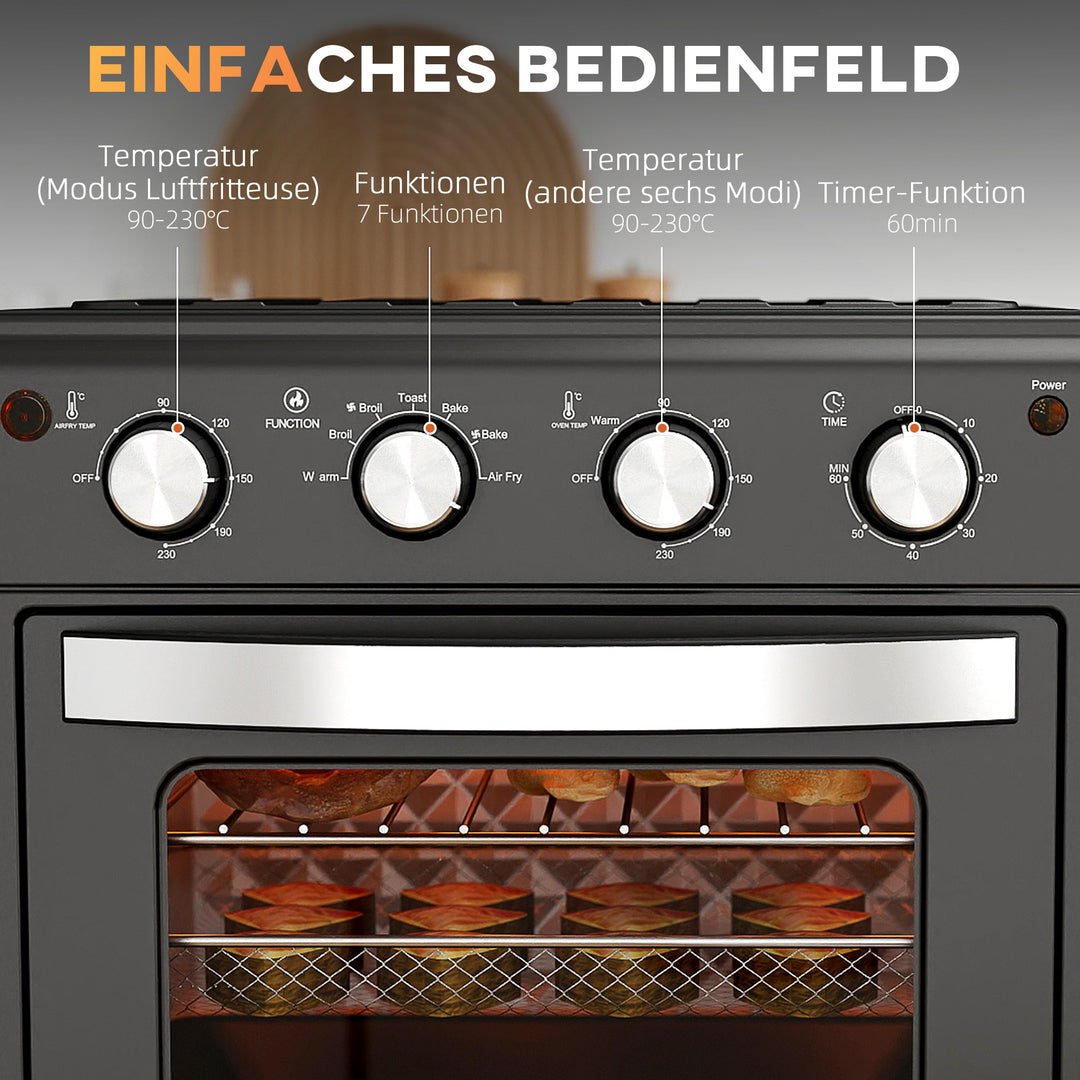 Miniovn, varmluftfrituregryde, 90-230° c, 7 programmer, tilbehør, sort