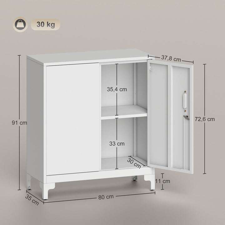 Metalkontorskab med aflåselige døre, kontorkommode, 2-lags design, hvid