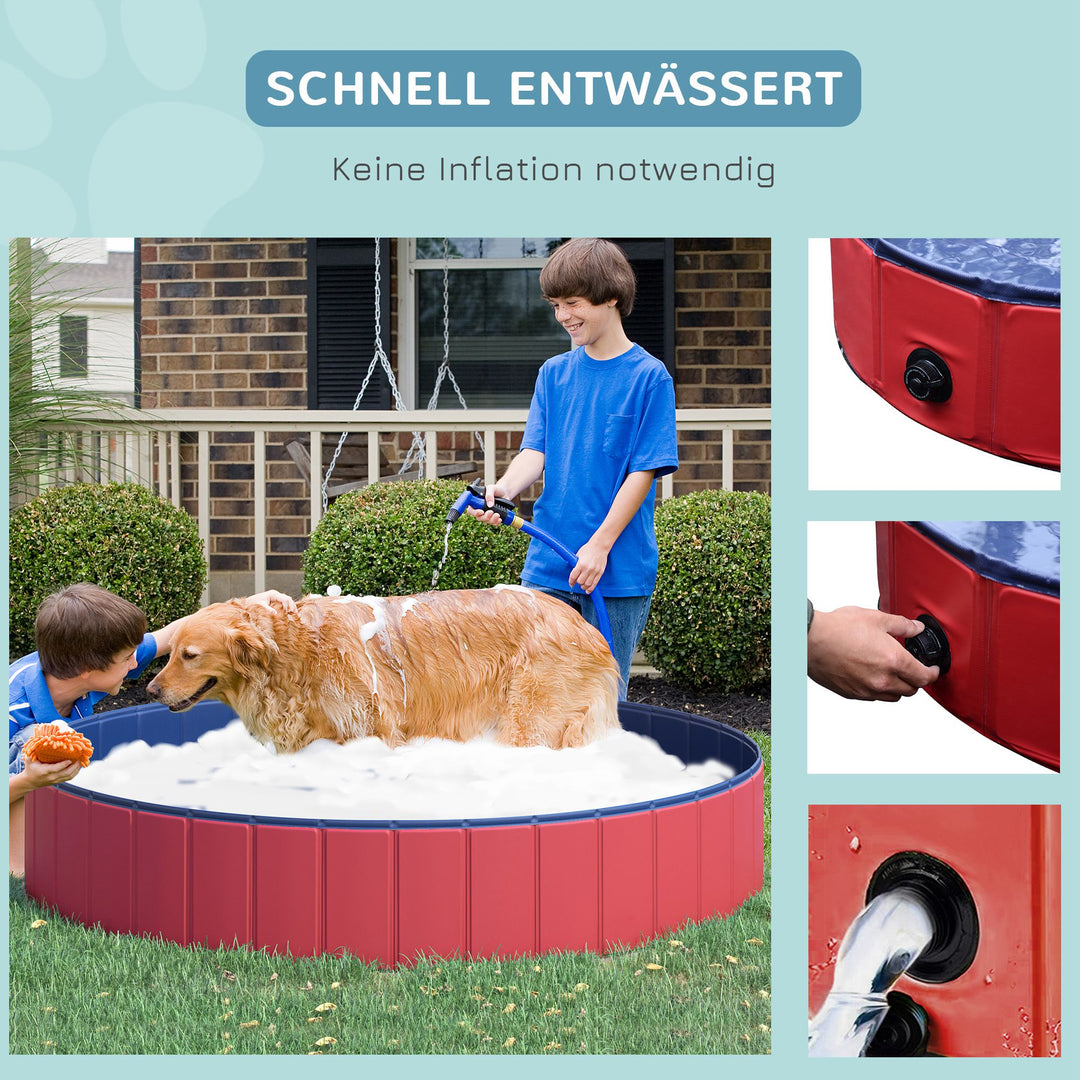 Sammenklappeligt hundebadekar, hundebassin, børnebassin, swimmingpool, vandbassin til hunde og katte, swimmingpool af plastik og træ, rød, Ø160 x 30H cm