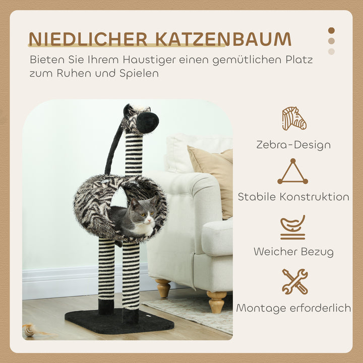 Zebra-design kradsetræ med 1 kattetunnel og 3 kradsetræer, 48,5 cm x 35 cm x 93 cm, sort + hvid