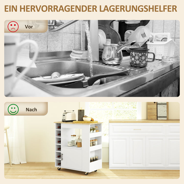 Køkkenvogn, rullende køkkenø, køkkenvogn med rum, vinreoler, skab og bordplade, hvid