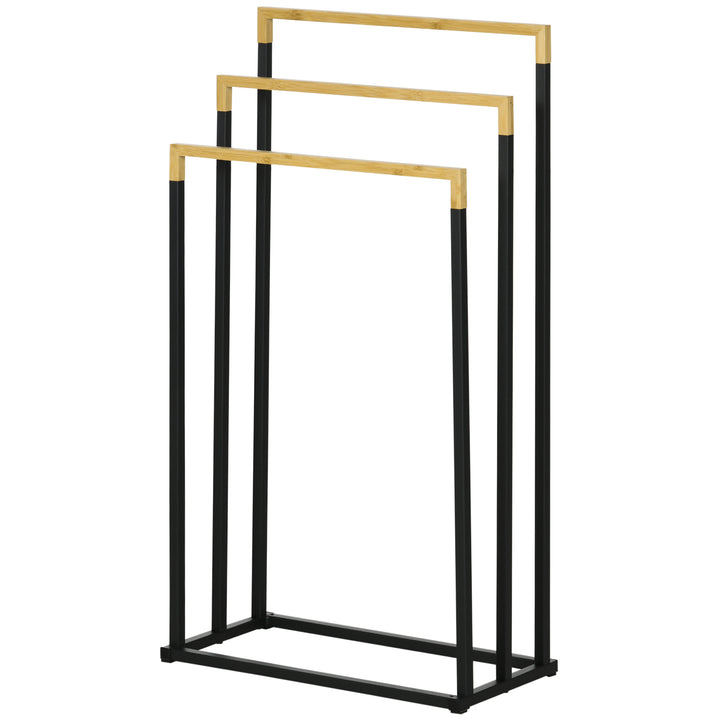 Kleankin håndklædeholder håndklædeholdersæt med 3 håndklædestænger, industrielt design, bambus, 45 x 22,5 x 86 cm, sort + naturlig