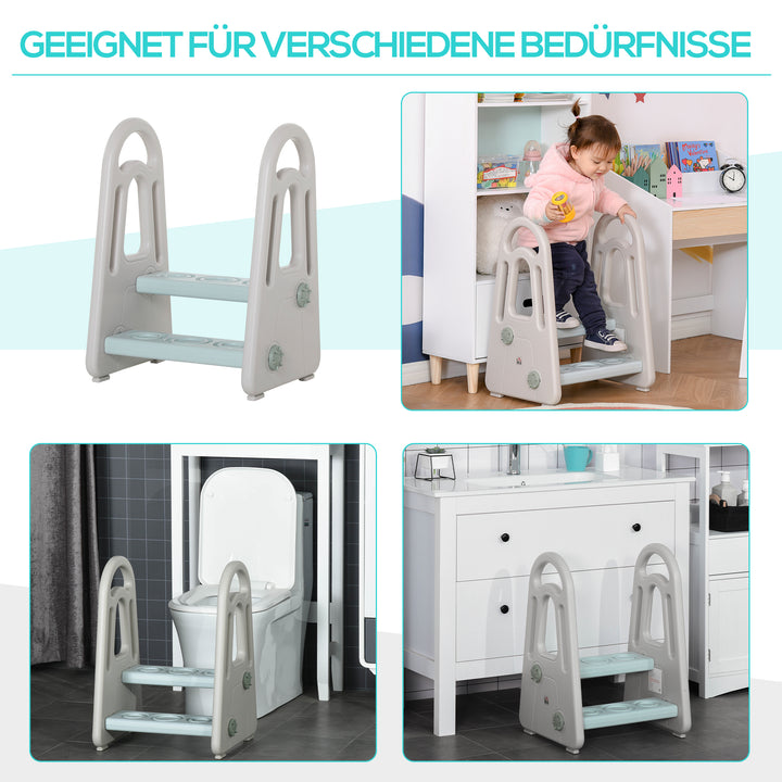 Learning tower trappeskammel stående med 2 trin pyramidestruktur sikkerhed badeværelse soveværelse køkken blå+grå til 2-5 år hdpe pp 43,5 x 38,5 x 61 cm