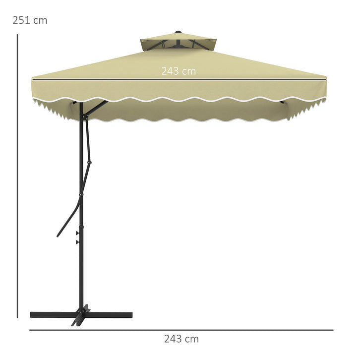 Haveparasol, hængende parasol, dekorativ kant, ventileret tag, metalramme, 2,4x2,4x2,6m, beige