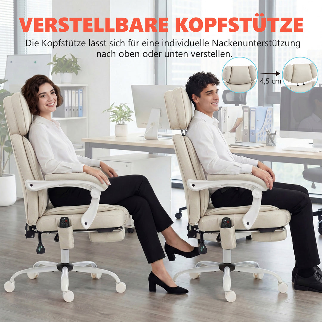 Kontorstol med høj ryg, vibrationsmassage og varme, ergonomisk, vipbar, med fodstøtte, cremehvid