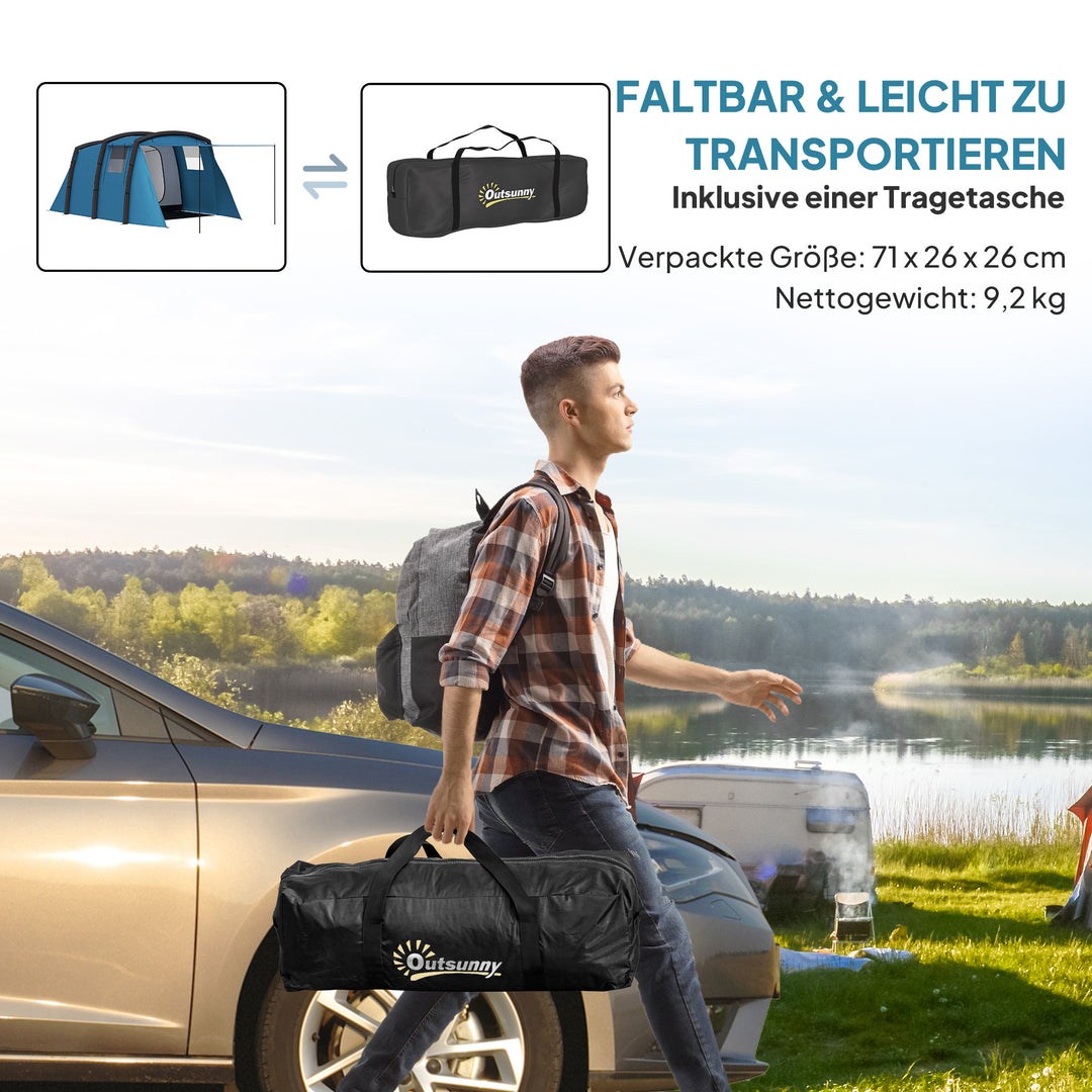Oppusteligt campingtelt til 3-6 personer, udendørs tunneltelt med sidevinduer og dør, luftstøtte, 4,4 x 2,8 x 1,95 m, blå