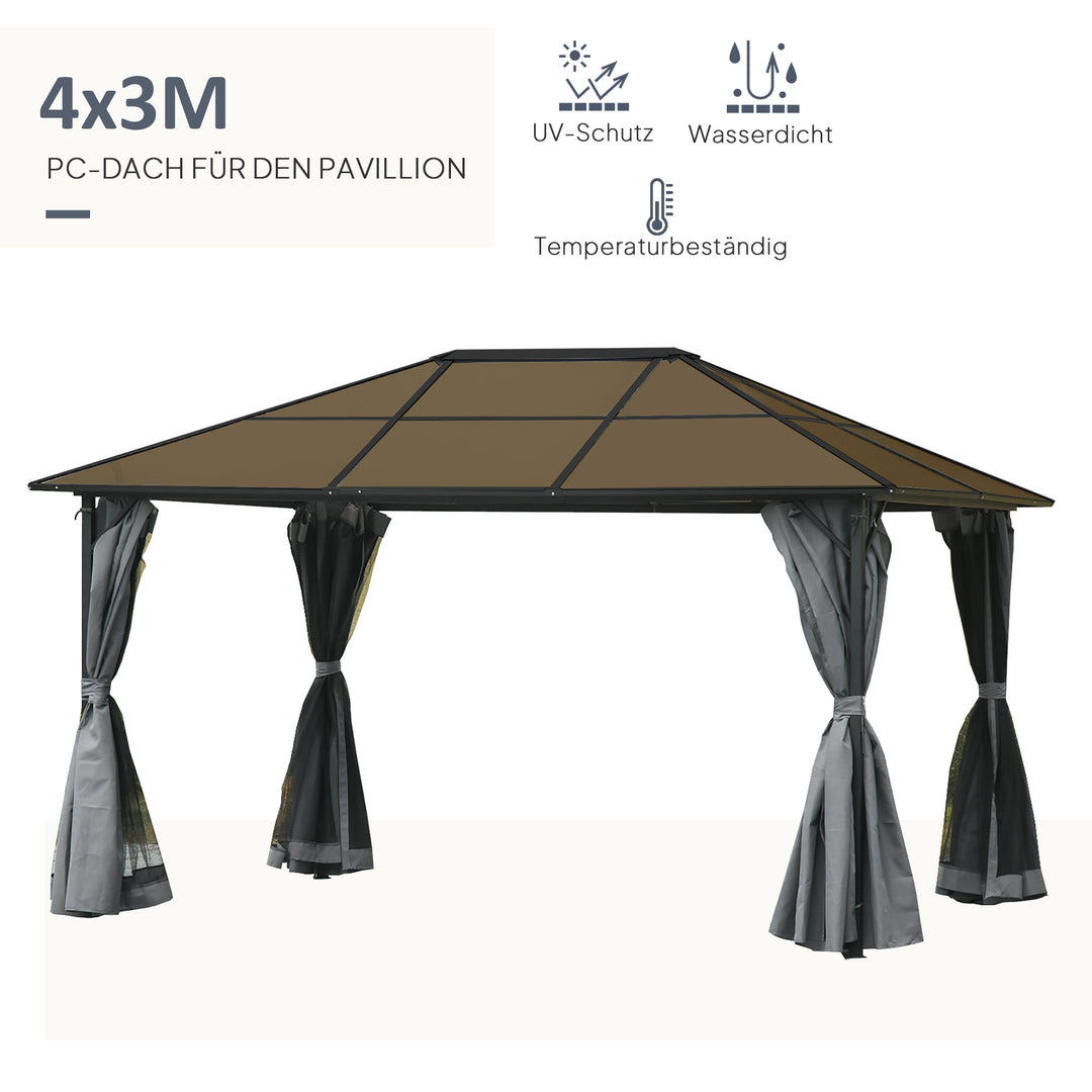 Solrig pavillon med polycarbonattag, gardiner med fluenet, aluminiumsramme, mørkegrå, 3 x 4 x 2,6 m