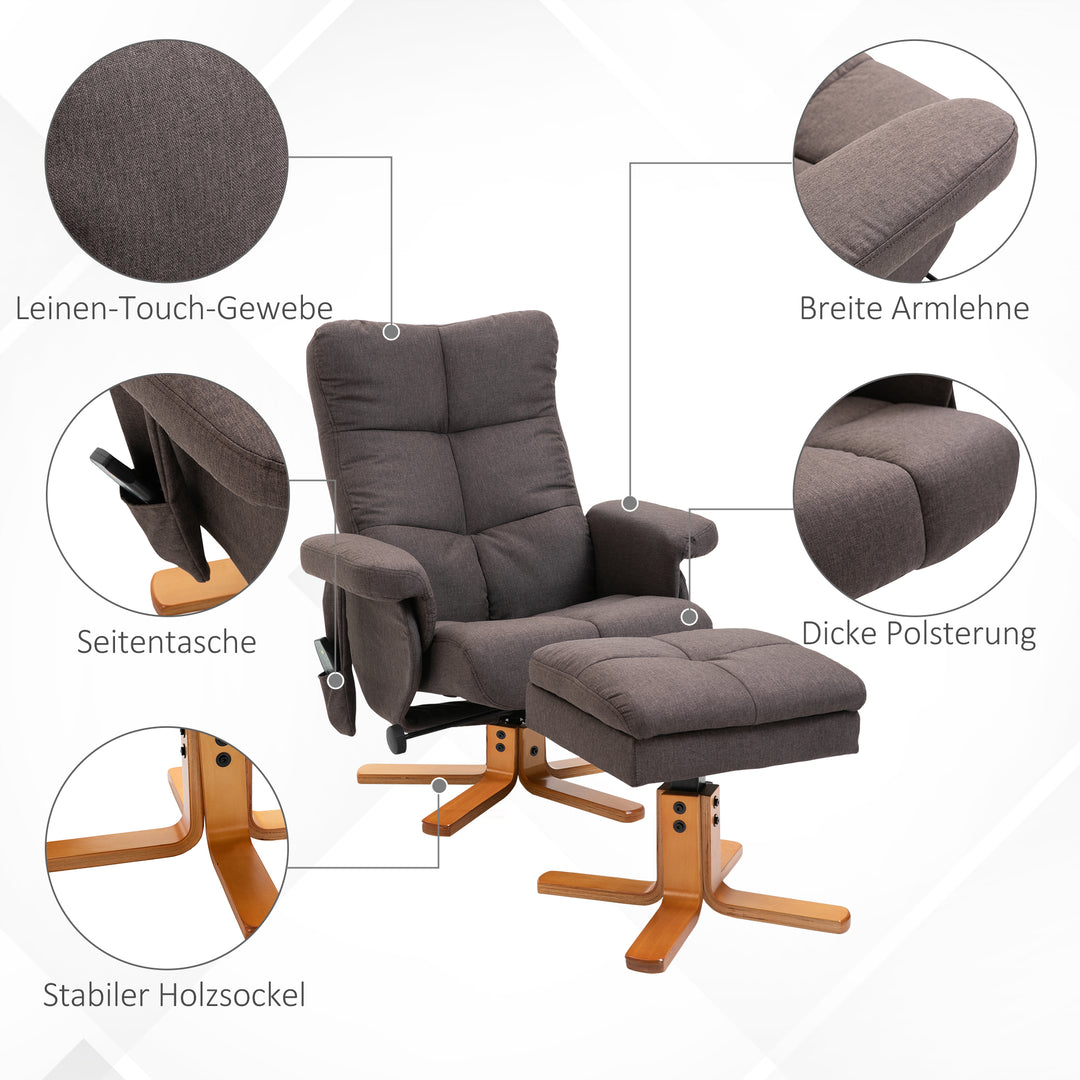 Lænestol med fodskammel, opbevaringsplads, elektrisk massagestol med lænefunktion, drejelig tv-stol med sidelomme, fjernbetjening, træramme, polyester, brun