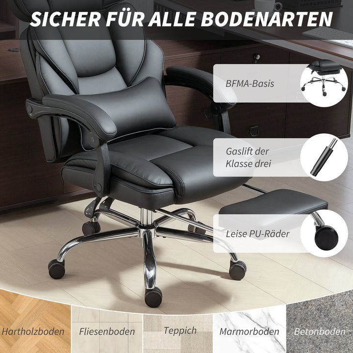 Kontorstol, ergonomisk højdejusterbar drejestol med lændestøtte, armlæn, fodstøtte, PU-læder, sort