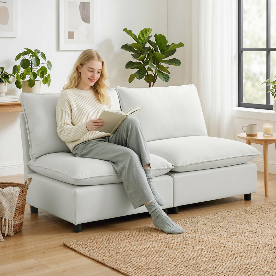 2-personers sofa, 146 cm modulær sofa i kunstlæder med bredt og dybt sæde, tykke hynder, nem montering, grå