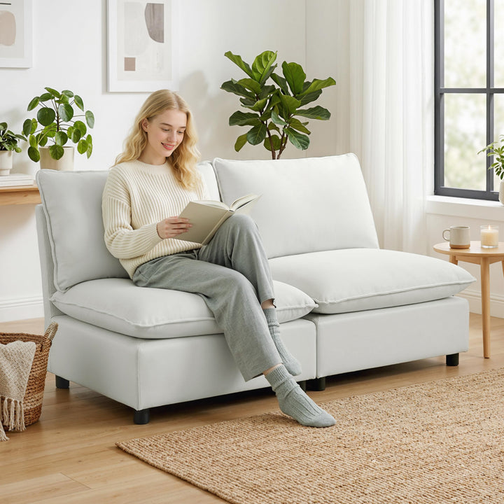 2-personers sofa, 146 cm modulær sofa i kunstlæder med bredt og dybt sæde, tykke hynder, nem montering, grå