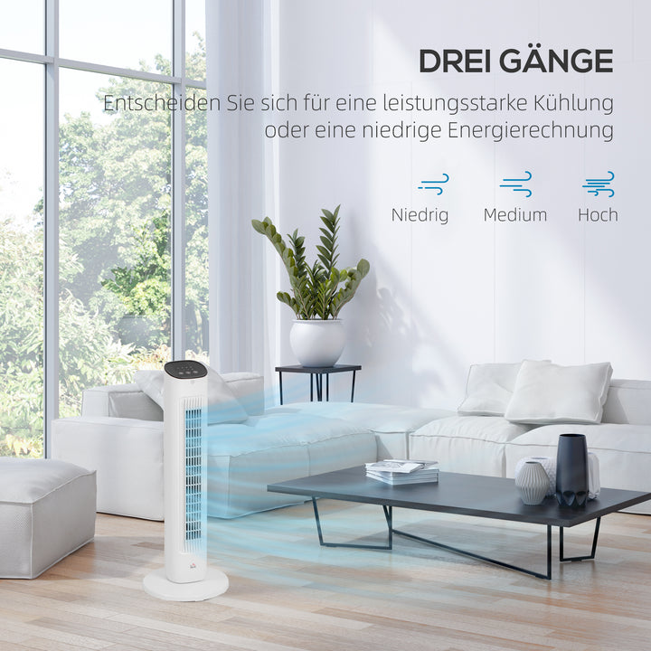 85° oscillerende tårnventilator med fjernbetjening, 3 hastigheder, 2 tilstande, timer, LED-display, 30x30x78 cm, hvid