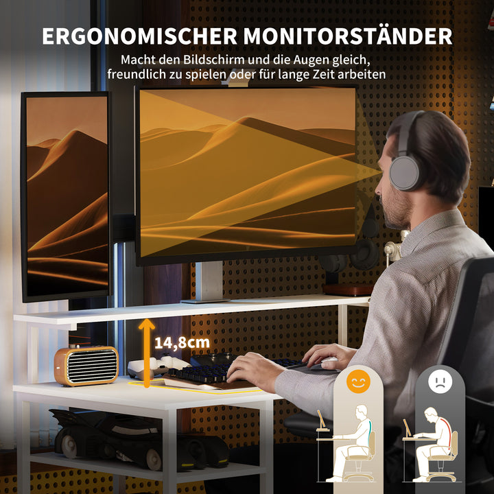 L-formet skrivebord med ladestation, hjørnecomputerbord med skærmstativ og hylder, til hjemmekontor, kontor, hvid