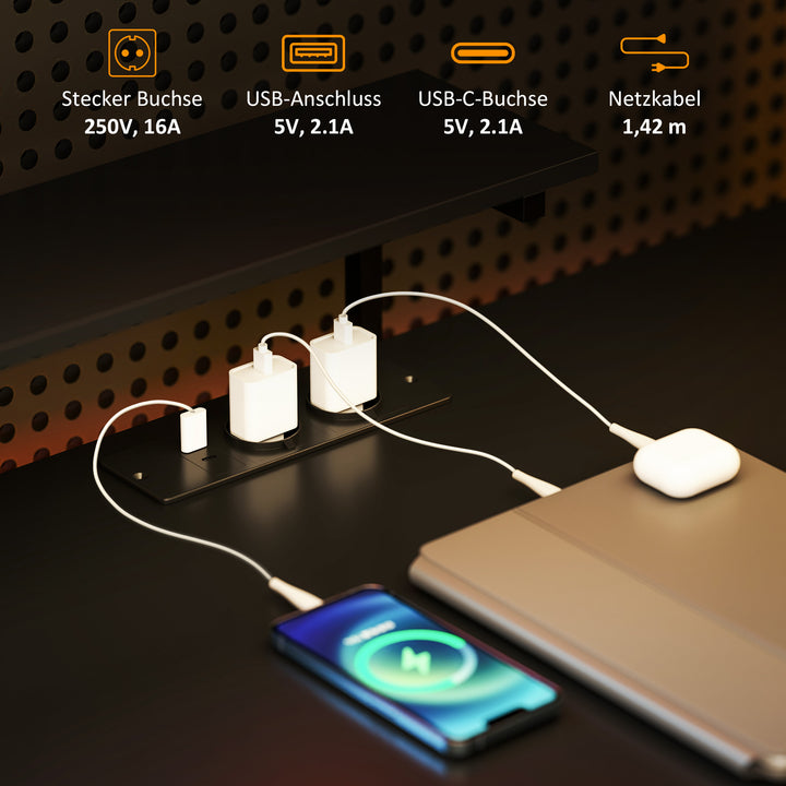 L-formet skrivebord med ladestation, hjørnecomputerbord med skærmstativ og hylder, til hjemmekontor, kontor, sort