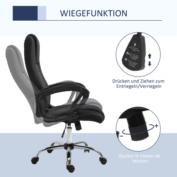 Kontorstol, computerstol med vippefunktion, nakkestøtte, ergonomisk skrivebordsstol, drejelig, højdejusterbar, sort linned-touch, 62 x 76 x 110-119 cm