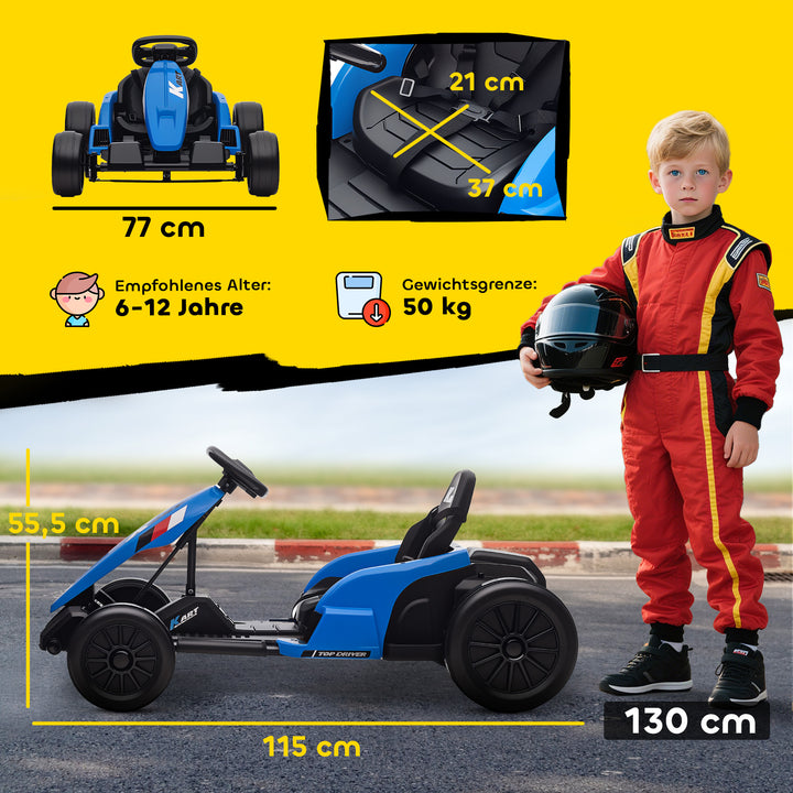 24V elektrisk gokart, drifttilstand, justerbart sæde, 5-punktssele, musikfunktion, 6-12 år, blå