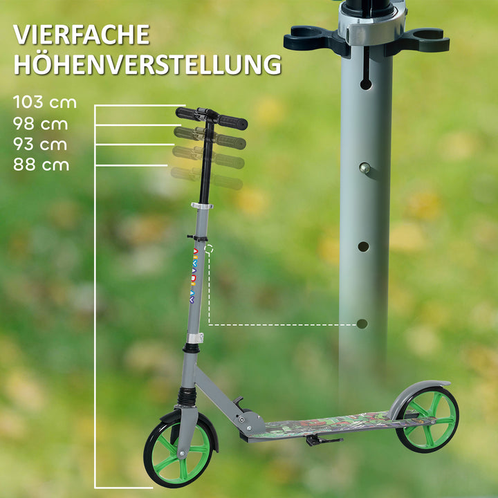 Løbehjul, højdejusterbar, baghjulsbremse, foldbar, 100 kg lasteevne, grøn
