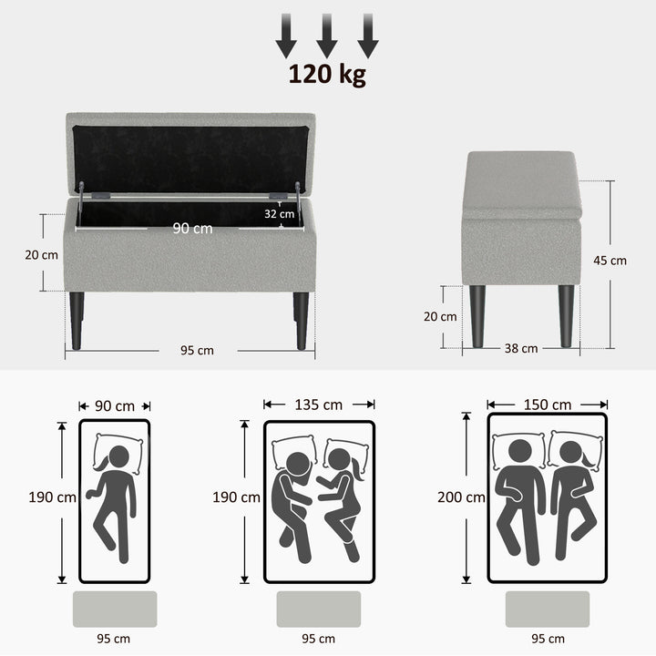 Opbevaringsbænk, op til 120 kg, fløjlslook, 95x38x45 cm, grå