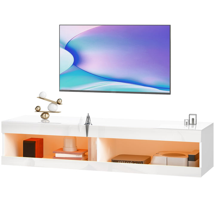 TV-skab, vægmonteret TV-lavbord med RGB LED-belysning i 16 farver, TV-bord med åben opbevaringsplads, til 55-60 tommer TV, til stue, soveværelse, 140 x 40 x 30 cm, hvid højglans