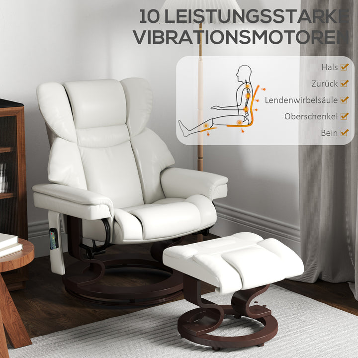 Lænestol med massagefunktion og fodskammel, loungestol, kunstlæder, 79 x 82 x 101 cm, cremehvid