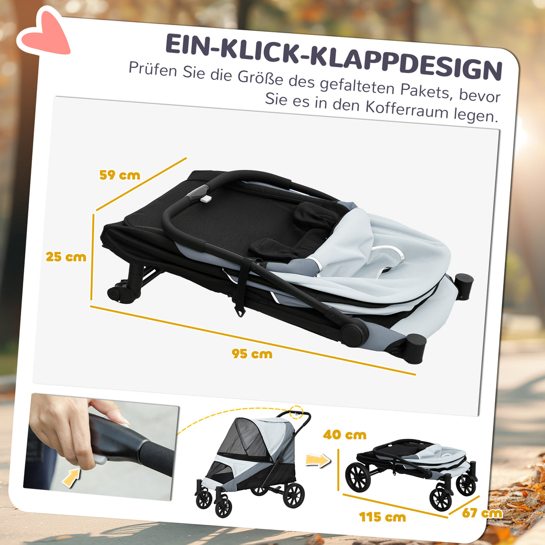 Hundeklapvogn, foldbar hundevogn til store hunde, kæledyrsklapvogn med 4 hjul, sikkerhedssnore, bremser, grå