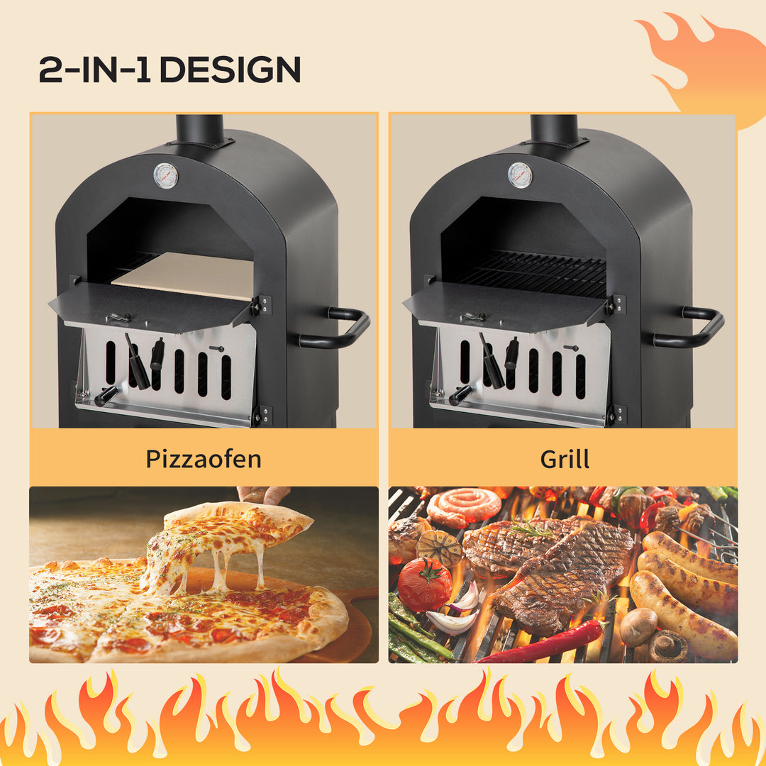 2-I-1 udendørs pizzaovn med hjul, grillovn med beskyttelsesdæksel, pizzaspade, 2 grillnet, grillvogn med skorsten, 3-etagers brændefyret ovn til grill, stål, sort og sølv, 63 x 54 x 161 cm