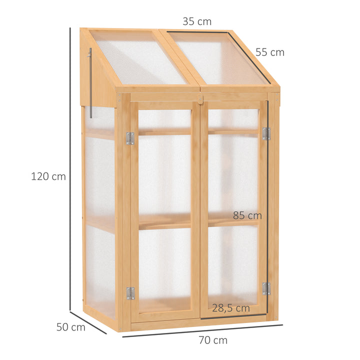 Mini drivhus, lille drivhus med træramme, vindue og dobbeltdør, 3 hylder, 70l x 50b x 120h cm, brun