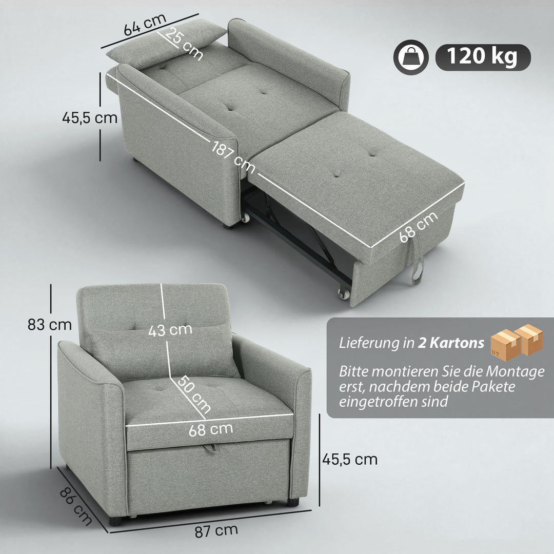 3-i-1 sovesofa, udtrækkelig sovesofa med justerbar ryglæn, grå