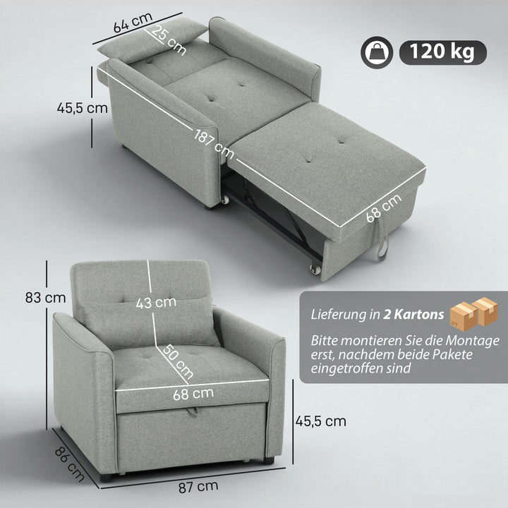3-i-1 sovesofa, udtrækkelig sovesofa med justerbar ryglæn, grå