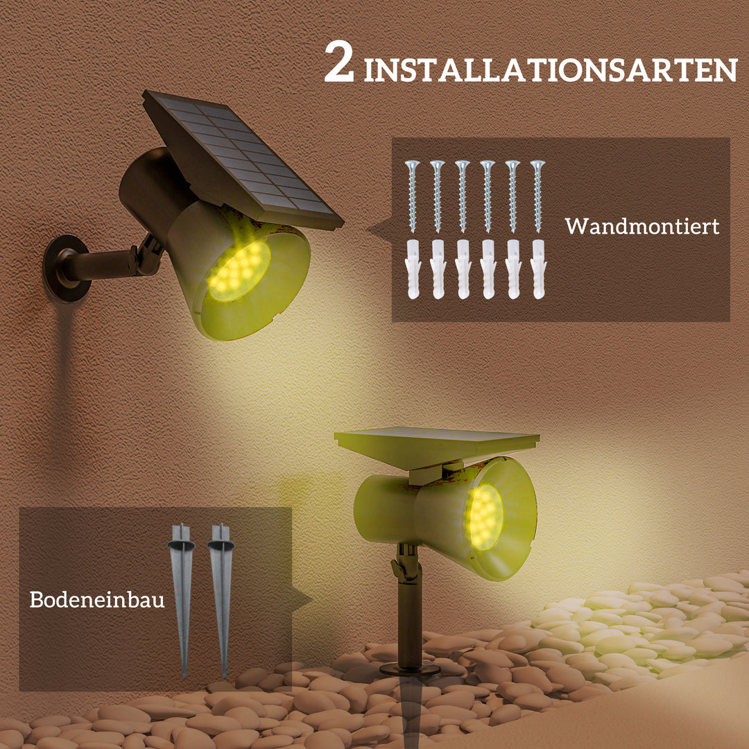 Solcellelamper, 2-pak solcellelamper, solcelledrevet havelampe med 2 lysfarver, gulv-/vægmonteret, ip54 vandtæt til balkon, terrasse, sort