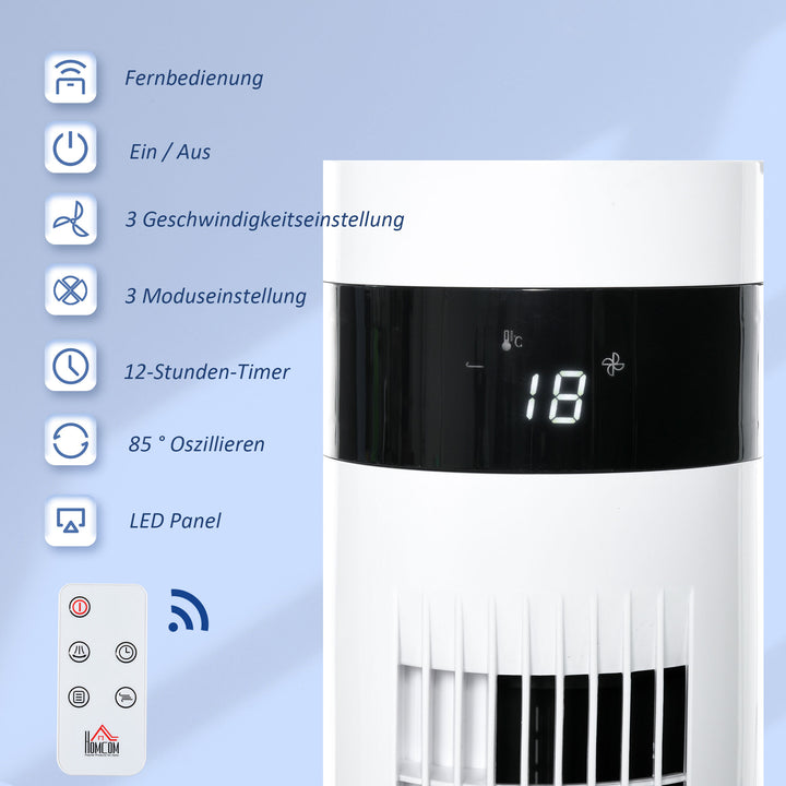 Tårnventilator, piedestalventilator med 3 hastighedsindstillinger, fjernbetjening, 50W ventilator med 12-timers timer, LCD-display, 85° oscillation, til soveværelser, hvid