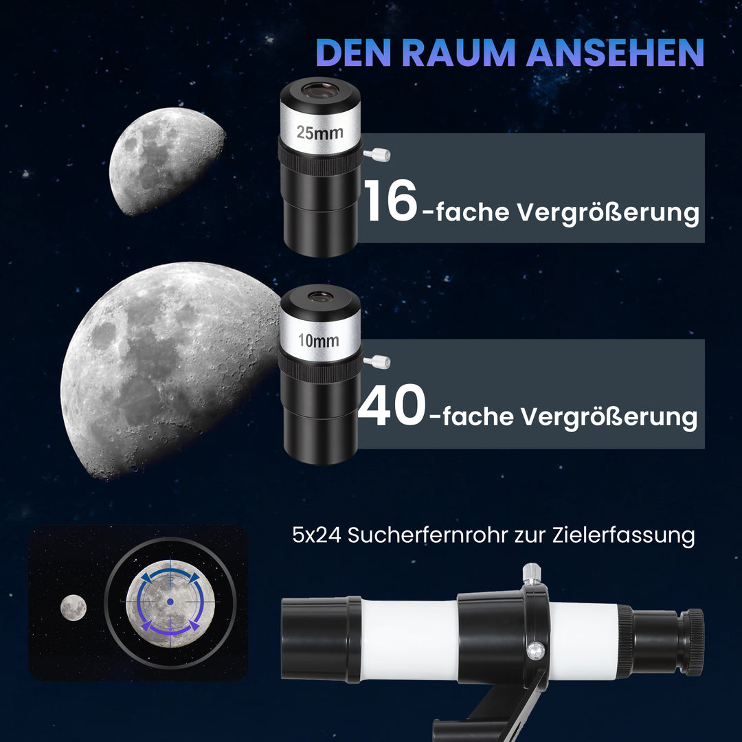 Teleskop for astronomibegyndere og voksne, 70 mm blænde, 400 mm AZ-fatning, astronomisk refraktor med stativ