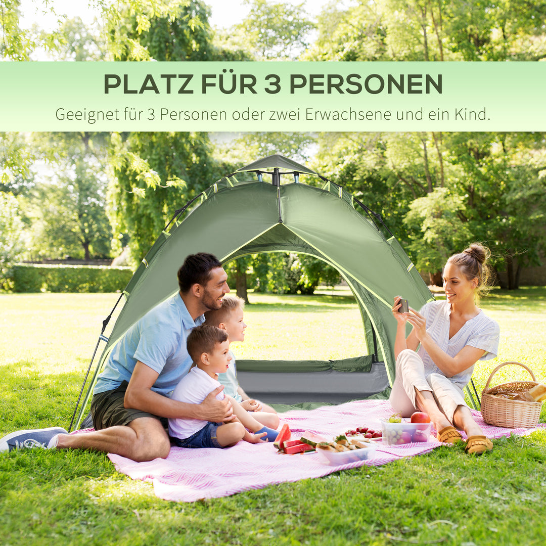 Dobbelttelt, campingtelt, udendørstelt, familietelt, hurtigopsætningstelt, 2 voksne + 1 barn, 4 sæsoner, vandtæt, bæretaske, 2 døre, polyester + glasfiber, mørkegrøn, 210 x 210 x 140 cm