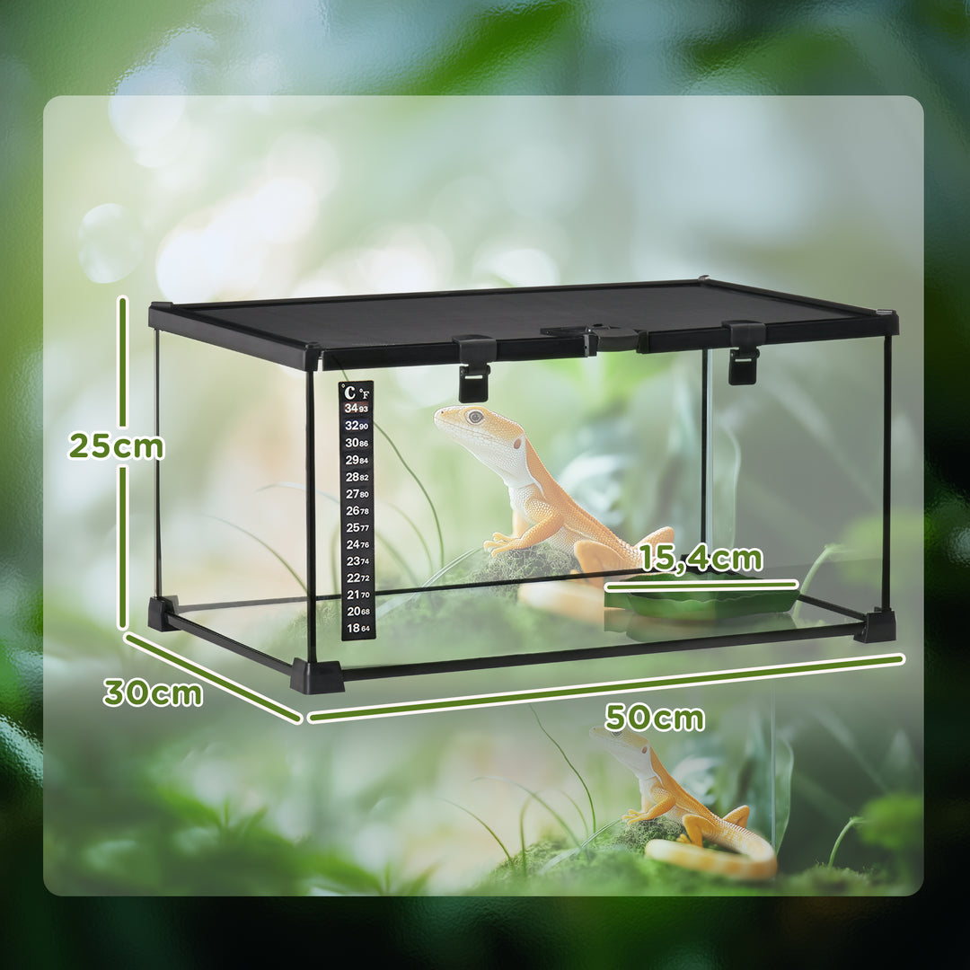 Reptile box terrarium, inklusive stribetermometer, foderklapper, 50 cm x 30 cm x 25 cm, glas + metal, sort