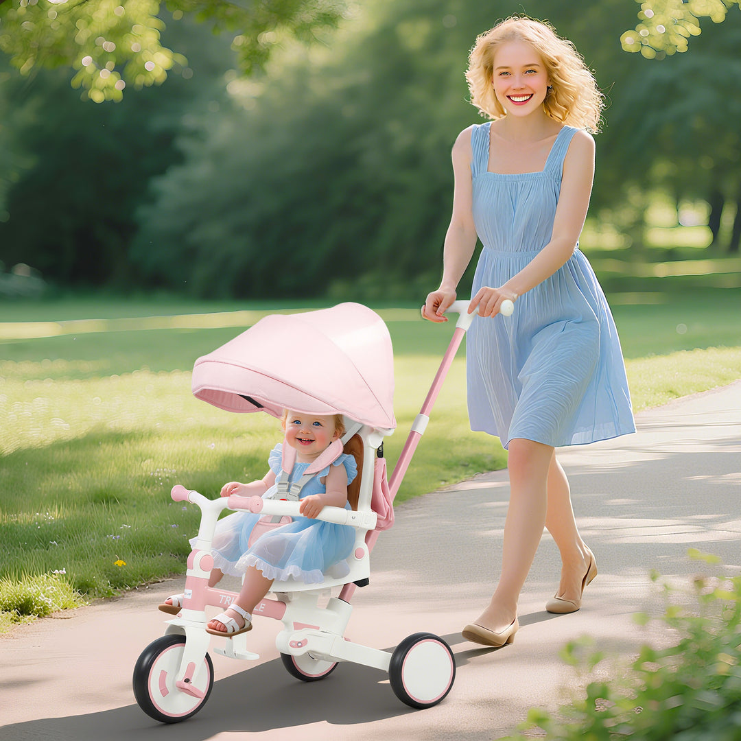 Børnetrecykel, konvertibel babyvogn, 5-i-1 design, aftageligt skubbehåndtag, justerbar, sikkerhedssele, opbevaringstaske, 1-3 år, pink