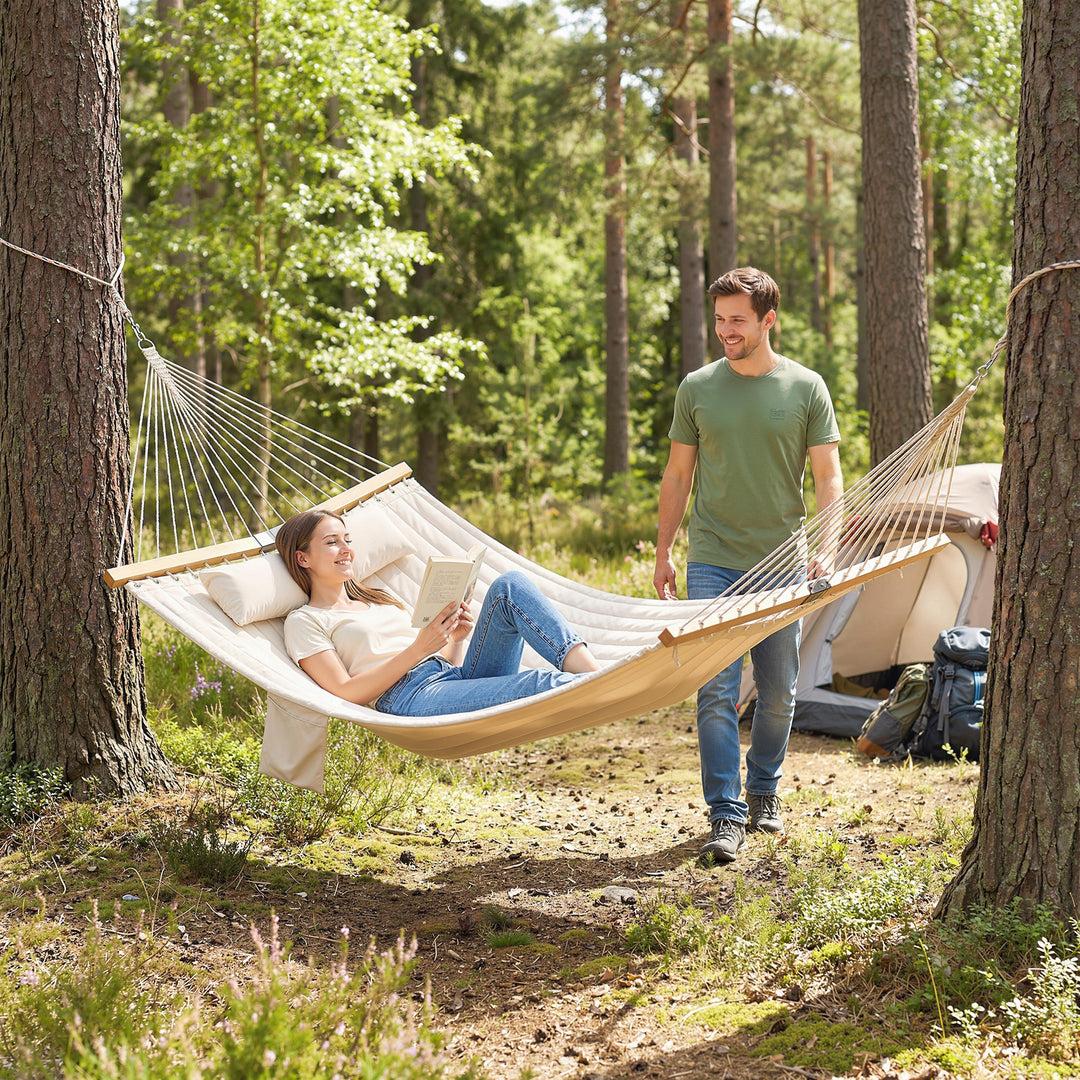 Udendørs hængekøje 200x140cm, dobbeltlags hængekøje med nakkestøtte, magasinlomme, træstænger, op til 200kg