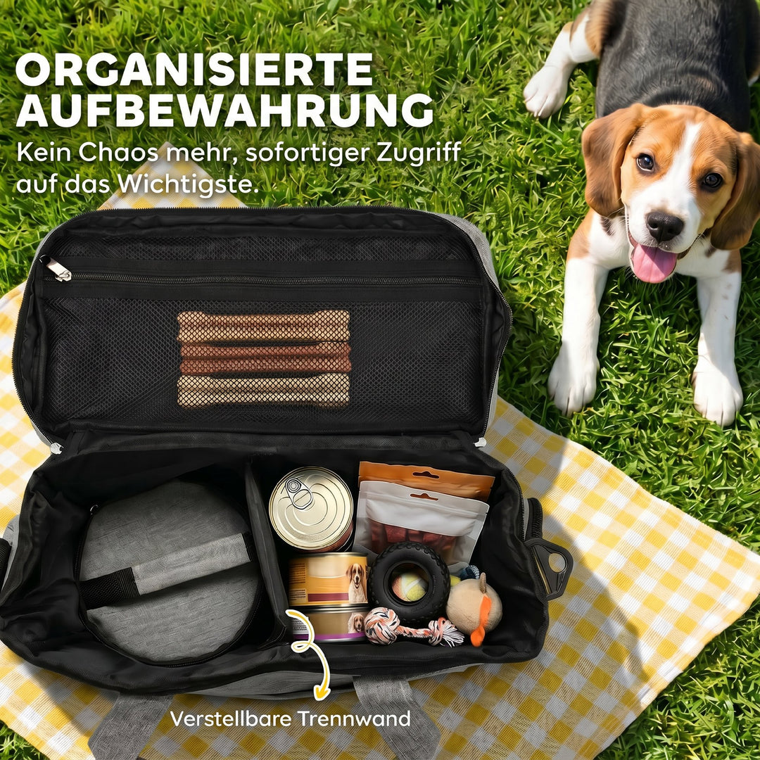Hundebur, transportkasse til hunde med flere rum, 2 foderbeholdere, sammenklappelig, silikoneskål, 38x17x35 cm, lysegrå