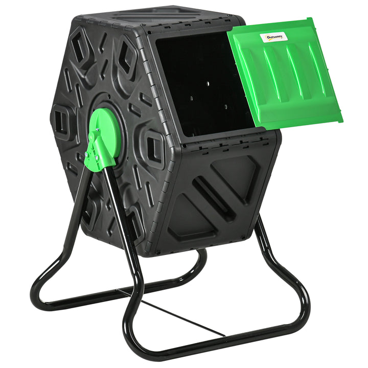 Kompostbeholder, 65 liter kompostbeholder, roterbar, kompakt, 24 ventilationshuller, stål, plastik, grøn+sort
