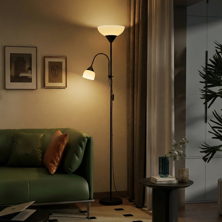 Uplight, mor og barn gulvlampe, høj lampe med 3 farvetemperaturer og fleksibel svanehals, sort