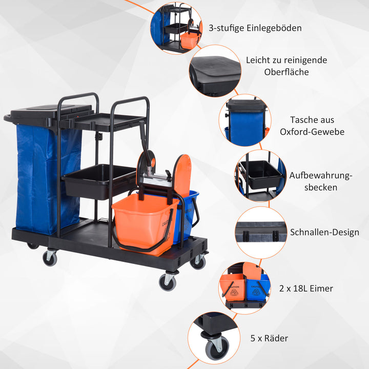 Rengøringsvogn moppevognssystemvogn med 4 letløbende hjul sort+blå+orange 111 × 63,3 × 103 cm
