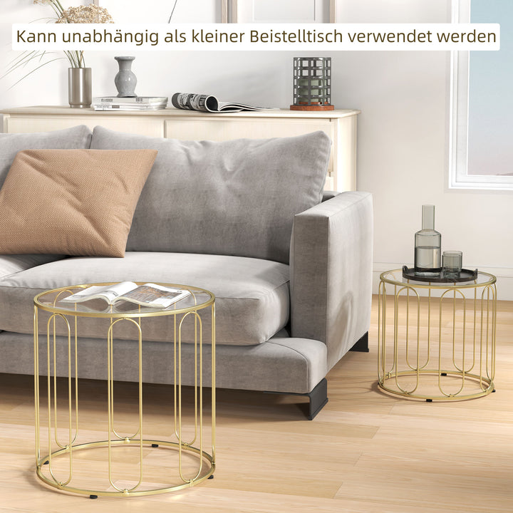 Sæt med 2 stabelbare glasborde, glasplader, metalstel, guldfarvet