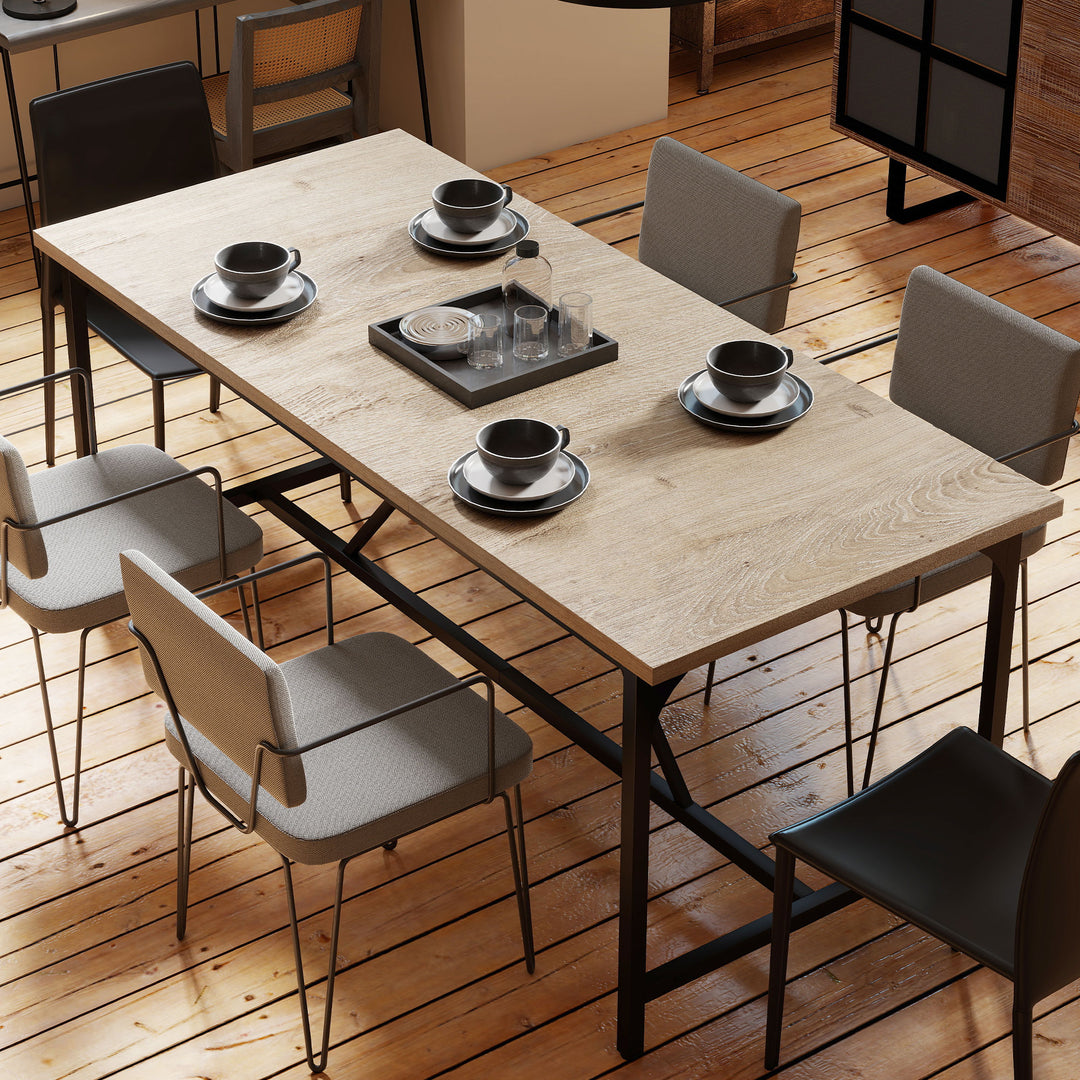 Spisebord til 6-8 personer. Moderne rektangulært køkkenbord med trælook, 180 x 80 x 75,5 cm, naturfarvet.