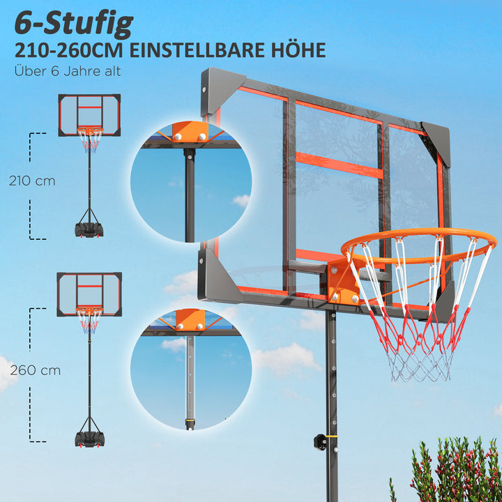 Børne basketballkurv, udendørs basketballkurv til børn, 210-260 cm højdejusterbar, med hjul, fra 6 år, rød