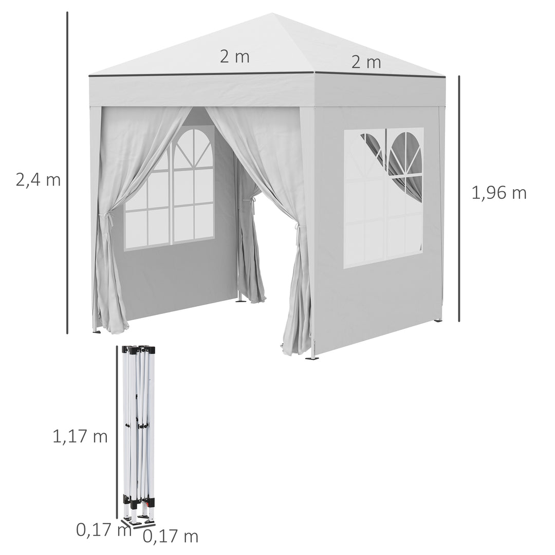 Foldbart pavillon, øltelt, 4 aftagelige sidepaneler, 2 vinduer, metalramme, 2 x 2m, hvid