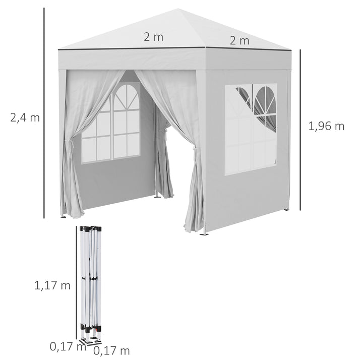 Foldbart pavillon, øltelt, 4 aftagelige sidepaneler, 2 vinduer, metalramme, 2 x 2m, hvid