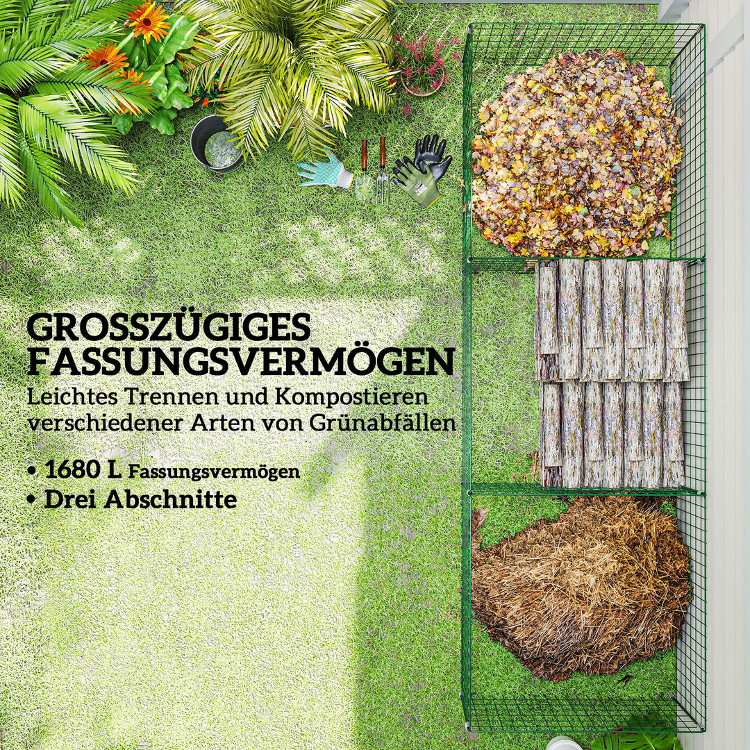 1680 liters kompostbeholder, 270 x 90 x 70 cm, 3-delt, hurtigkompostbeholder af stål, vejrbestandig, grøn