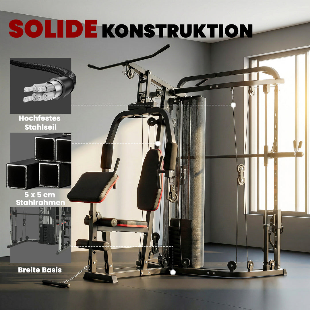 Power rack fitnessstation med 65 kg vægte, lat pulldown, butterfly bar, justerbar preacher bænk, bentræner